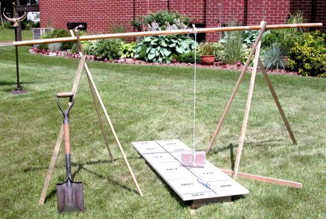 The rig used to align the human sundial centre board in the lawn