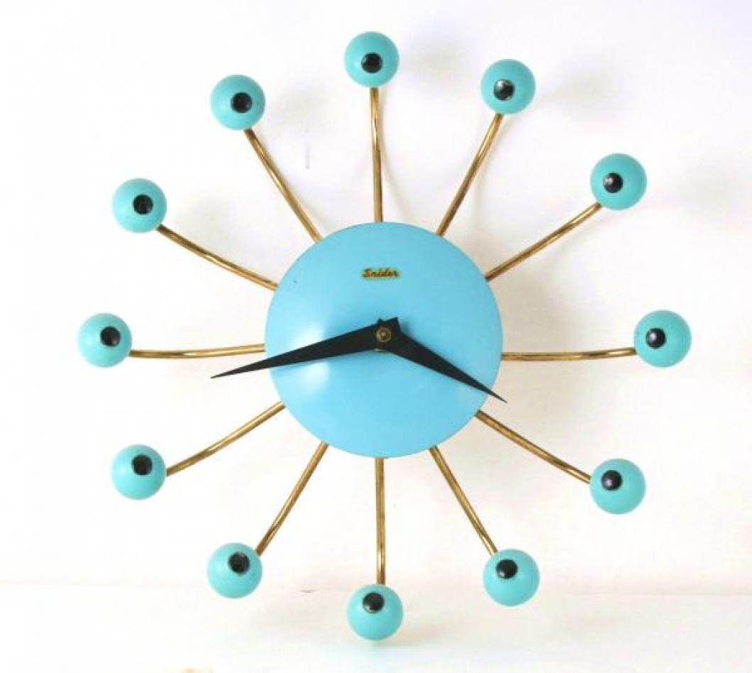 Snider turquoise version "spider" wall clock (electric, late 1950s)