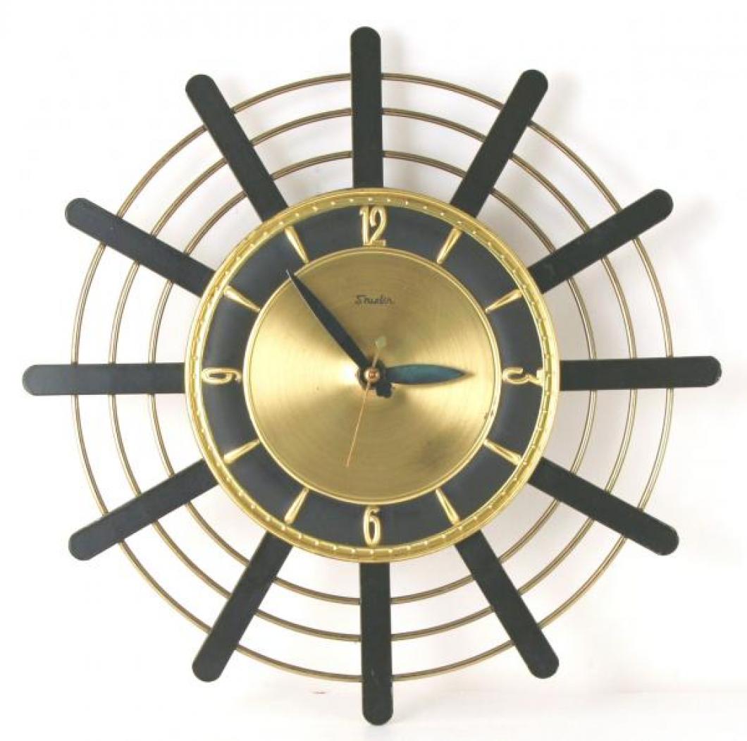 Snider black and brass "popsickle stick" wall clock (electric, ca 1960)