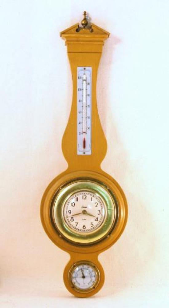 Snider wall clock with thermometer and barometer (mid 1950s, 8-day windup movement)