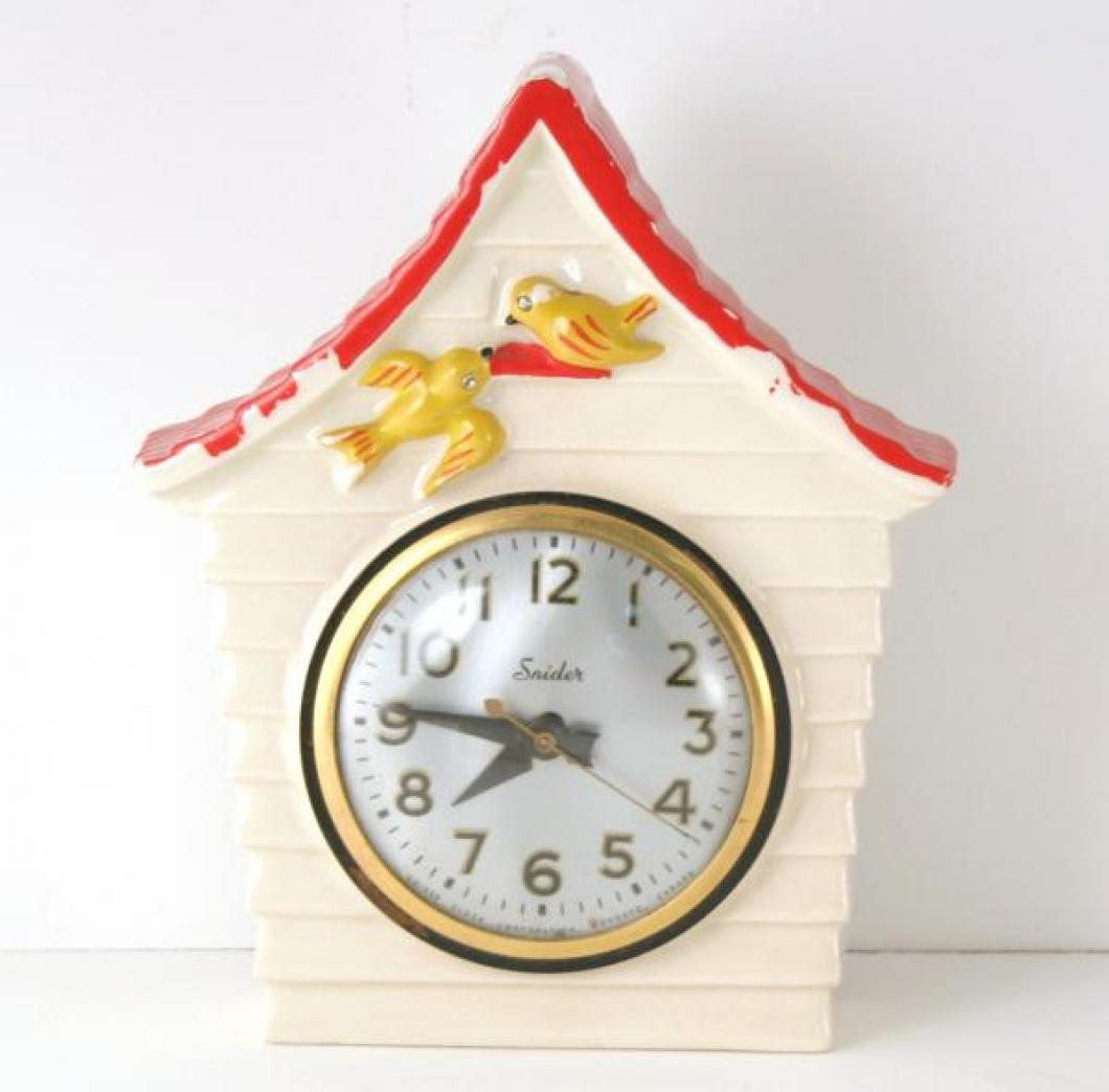 Snider birdhouse china-cased wall clock - red roof (early/mid 1950s, electric  -  various hand-painted colours seen, usually found with an 8-day windup movement)