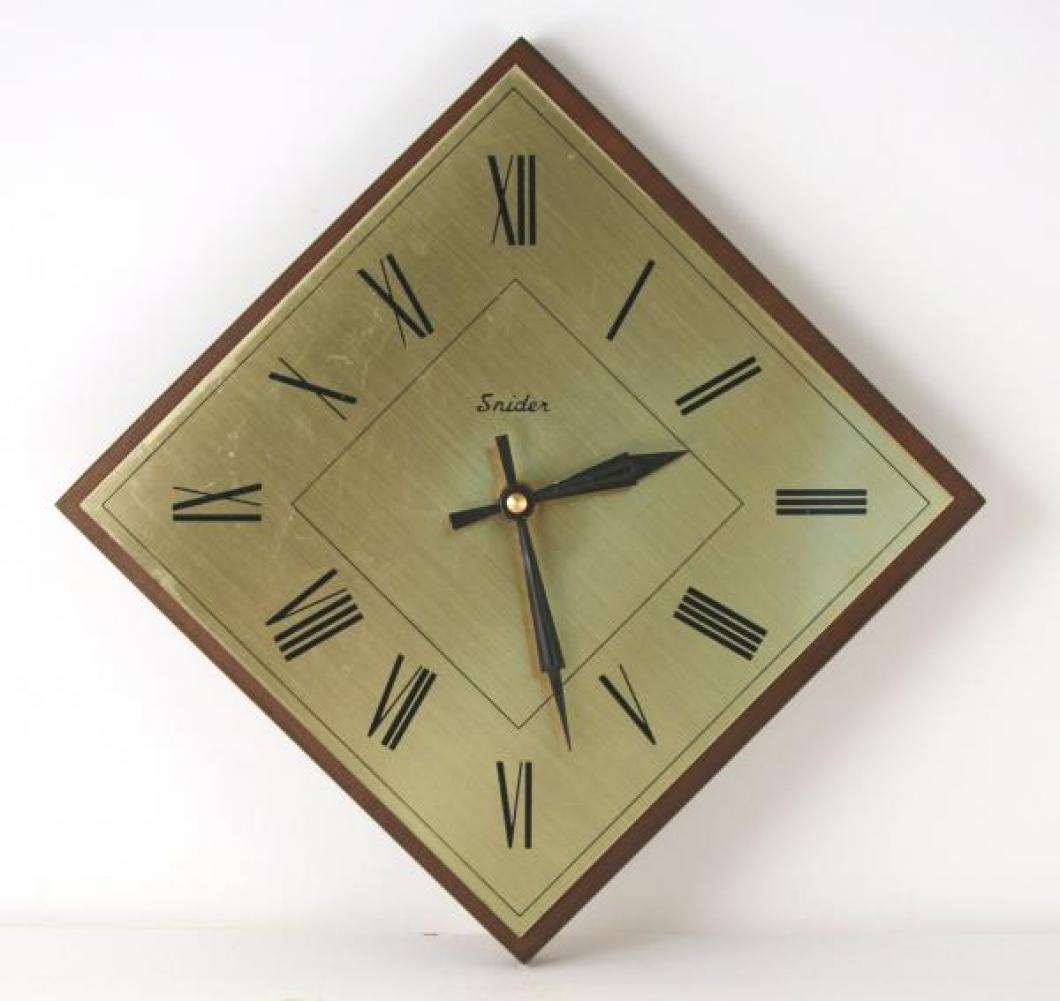 Snider brass dial, diamond-shaped version wall clock (late 1960s, electromechanical battery movement)