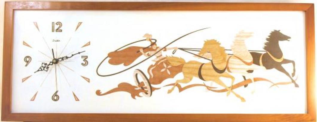 Snider Model 2100 charioteer large panel wall clock (1960s, battery movement, screen-printed on "masonite" with walnut/teak(?) frame)