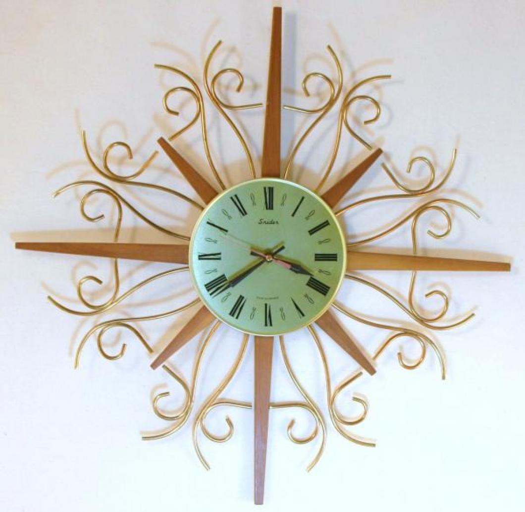 Snider brass dial starburst wall clock (late 1960s, replacement quartz movement)