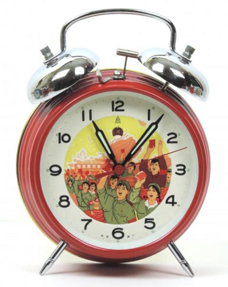 Double Rhomb animated alarm clock with red-painted metal case and double bells (windup, late 1960s, China, new in box (see picture of it)) [NOTE:  Chairman Mao NOT on dial on this example but student's animated arm waves his Little Red Book, promoting the ill-fated Cultural Revolution]
