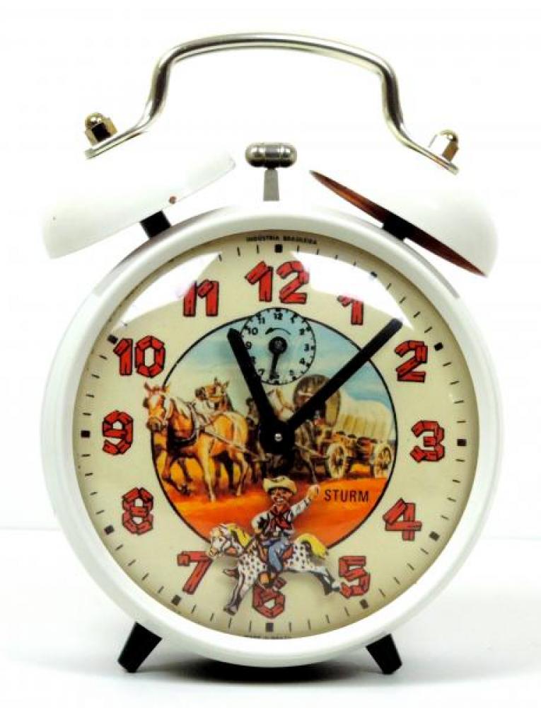 Sturm "Rodeo" model animated alarm clock (windup, made in Brazil for Westclox, 1970s?)