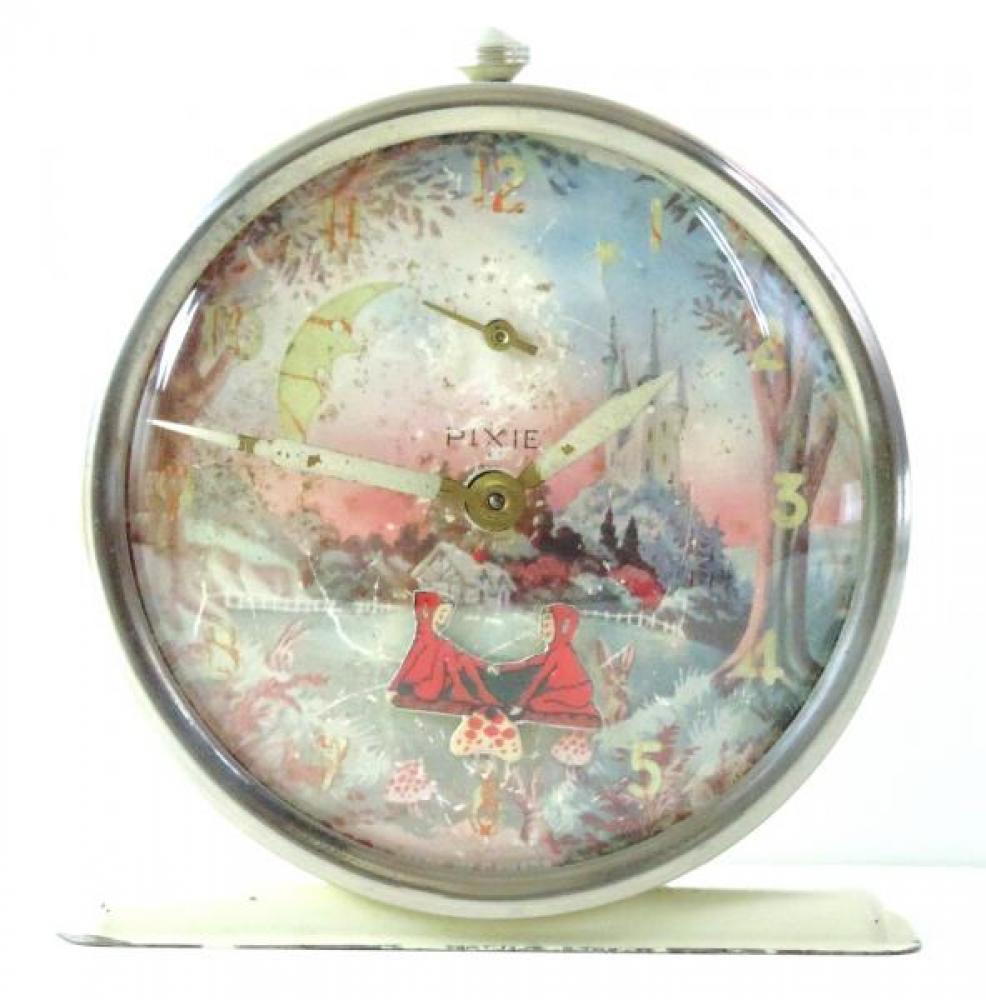 Westclox "Pixie" model animated alarm clock (windup, two pixies on mushroom teeter totter, 1940s?)