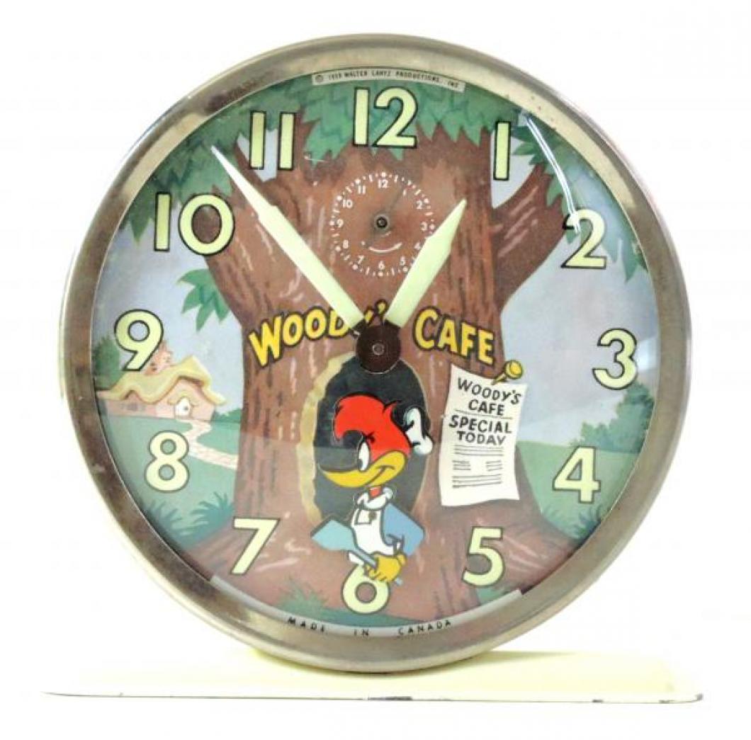 Westclox "Woody Woodpecker" animated alarm clock (windup, Woody rocks, 1959-1962)
