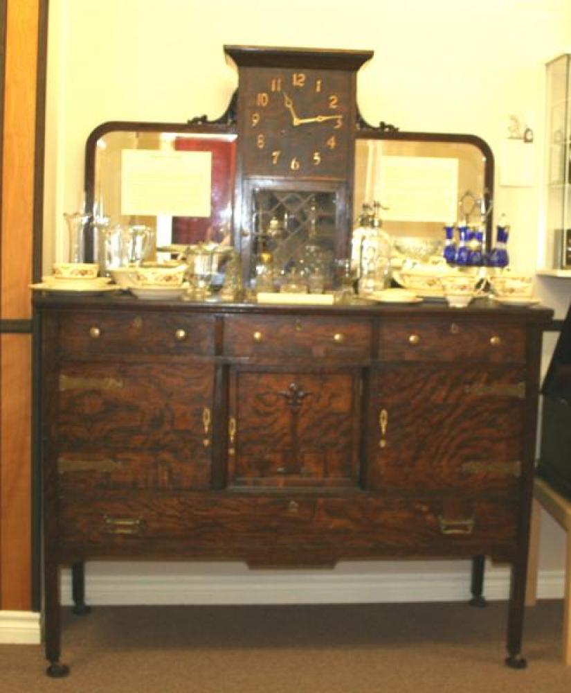 Pequegnat buffet table/clock - misson style face, shown here in our display