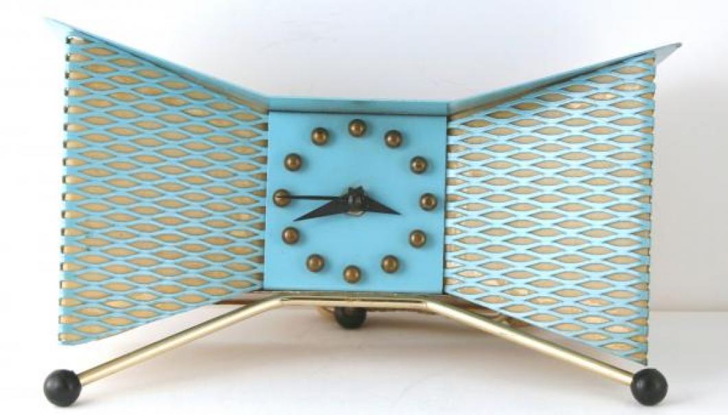 Snider turquoise version of Model 503 TV lamp clock (mid/late 1950s, electric, Harry Snider design registered 1957)