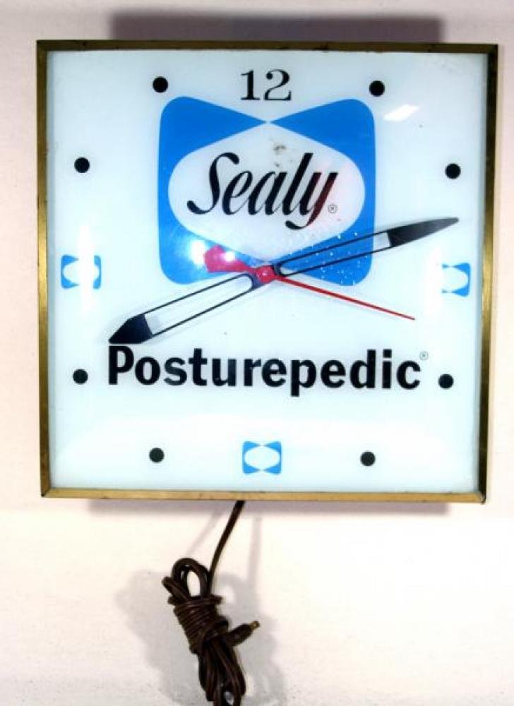 Advertising clock made by the Canadian Neon-Ray Clock Company in Montreal, QC, advertising Sealy Posturpedic matresses