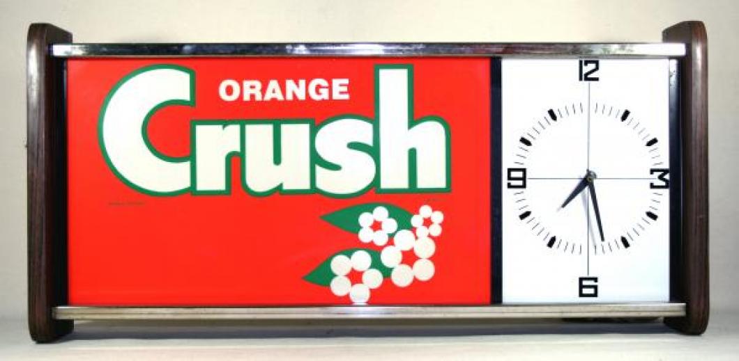 Advertising clock made by Gor-Don Metal Products in Toronto, ON, advertising Orange Crush