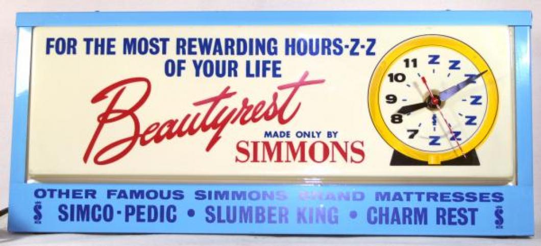 Advertising clock made by Associated Advertising Ltd. in Weston, ON, advertising Simmons Beautyrest mattresses