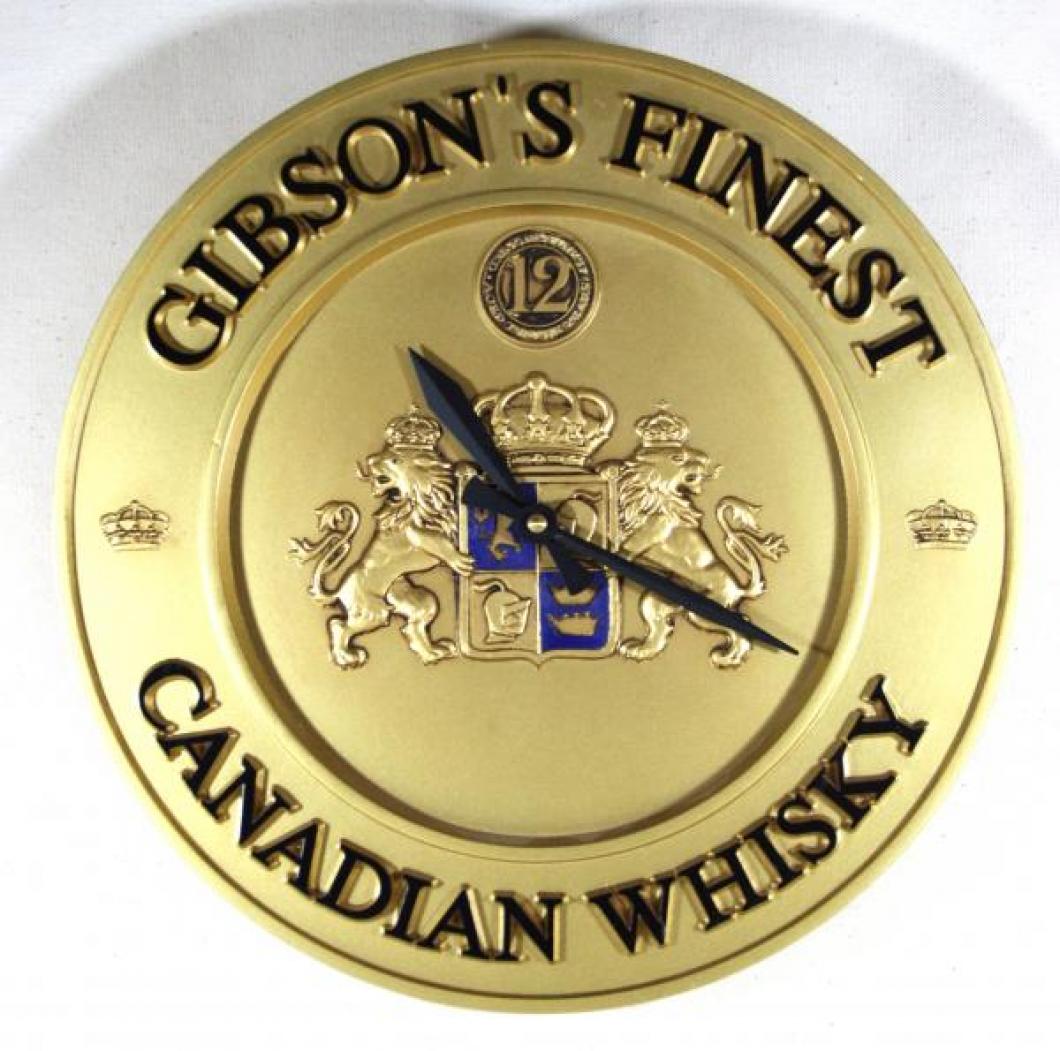 Advertising clock made by Marketplace Merchandising in Toronto, ON, advertising Gibson's Whiskey