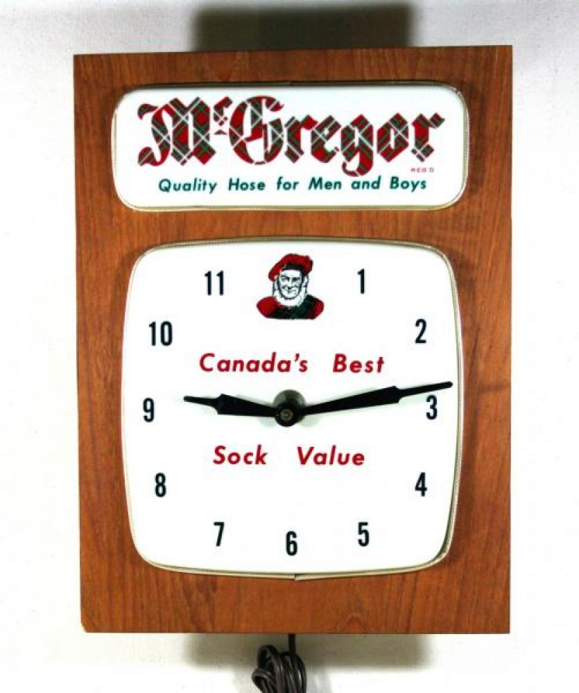Advertising clock made by MacCallum Advertising in Thornhill, ON, advertising McGregor Hose