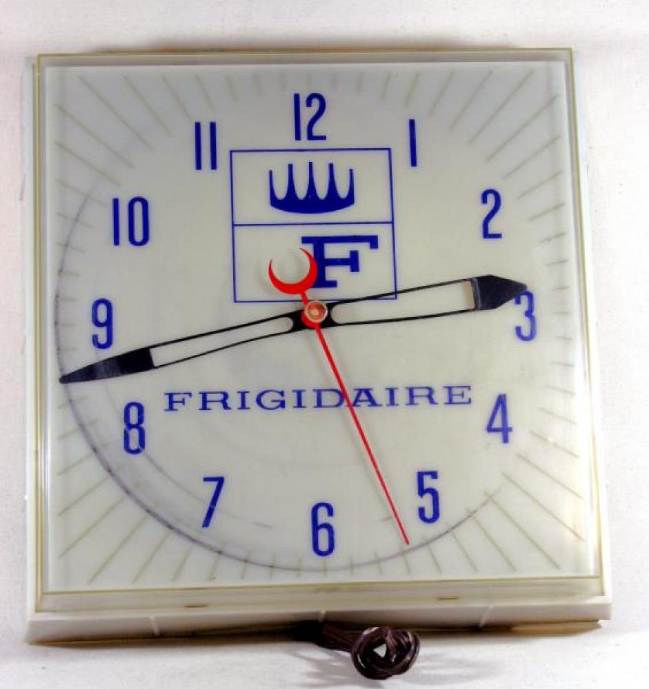 Advertising clock made by Tek Plastics Ltd. in Toronto, ON, advertising Frigidaire appliances