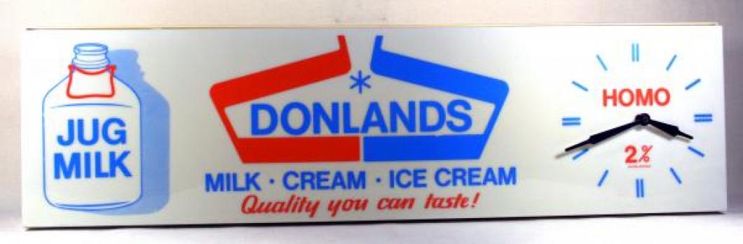 Advertising clock made by Associated Advertising Ltd. in Weston, ON, advertising Donlands dairy products