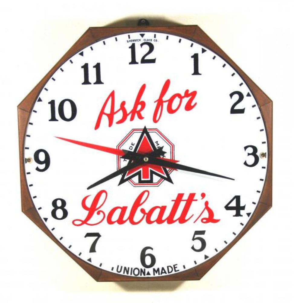 Advertising clock made by the Shonbeck Clock Co. in Hamilton, ON, advertising Labatt's beer