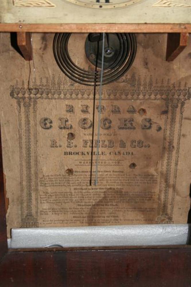 R.B. Field Brockville U.C. 1830s Ogee-style mantel clock LABEL