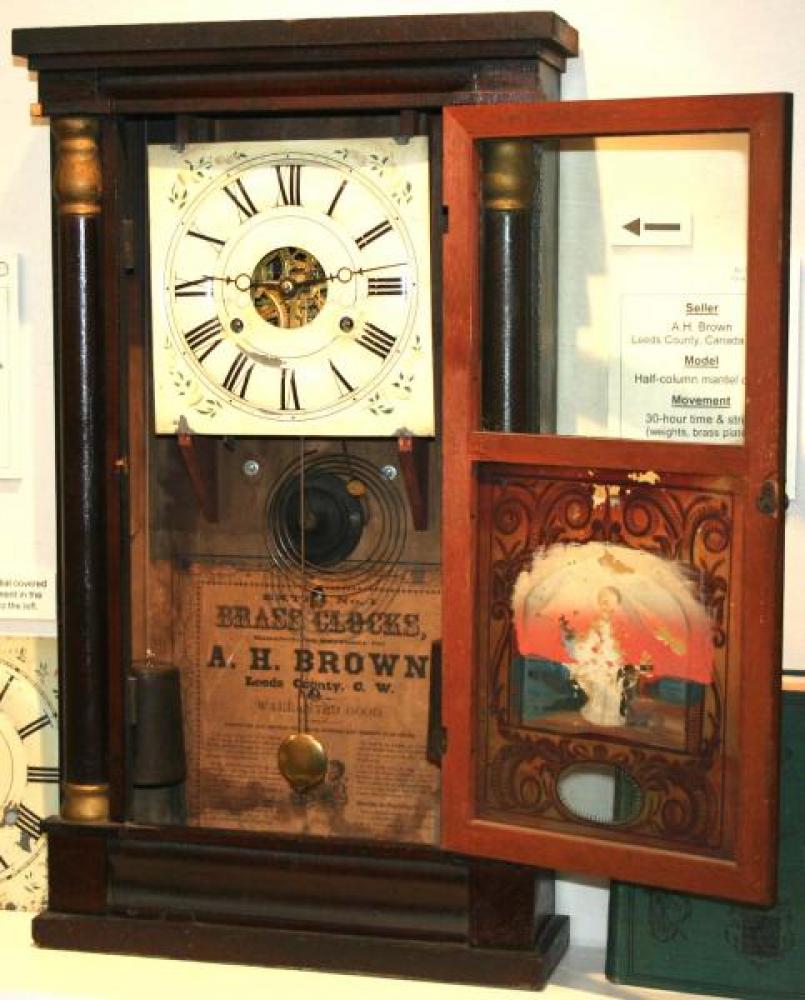 A.H. Brown, Leeds County, Canada West 1856 - 1867 Half-column mantel clock (cover open)