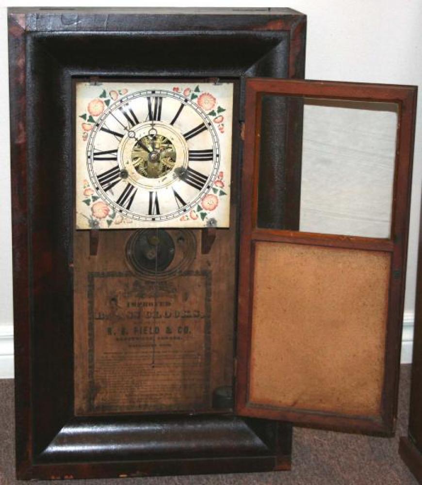 R.B. Field, Brockville, Canada West 1840 - 1851 Ogee-style mantel clock (cover open)