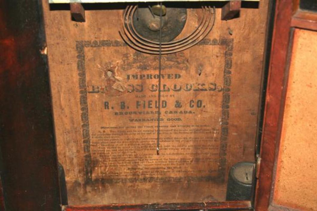 R.B. Field, Brockville, Canada West 1840 - 1851 Ogee-style mantel clock (label)