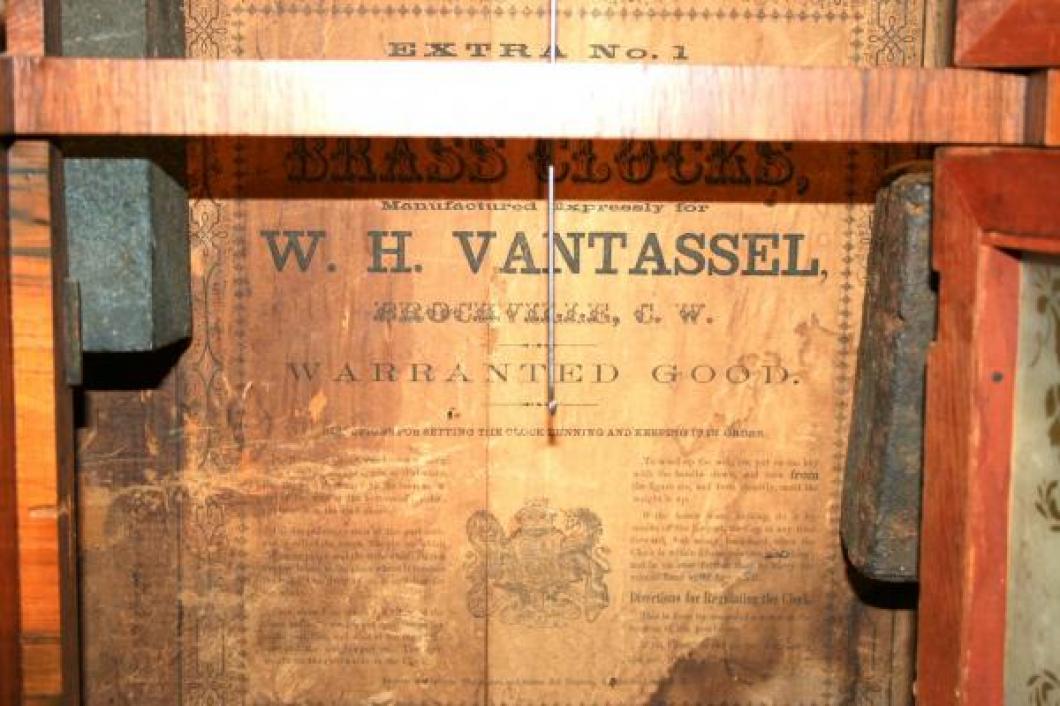 W.H. Van Tassel, Brockville, Canada West 1850s - 1860s column & cornice mantel clock (label)