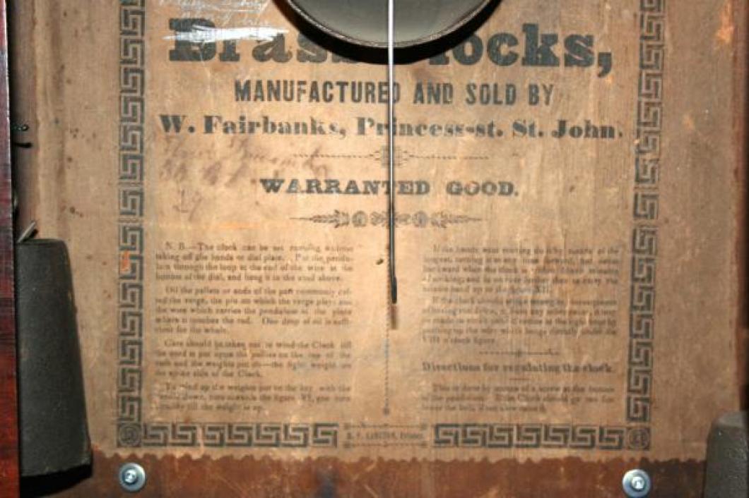 W. Fairbanks, St. John, New Brunswick, 1850s Ogee-style mantel clock (label)