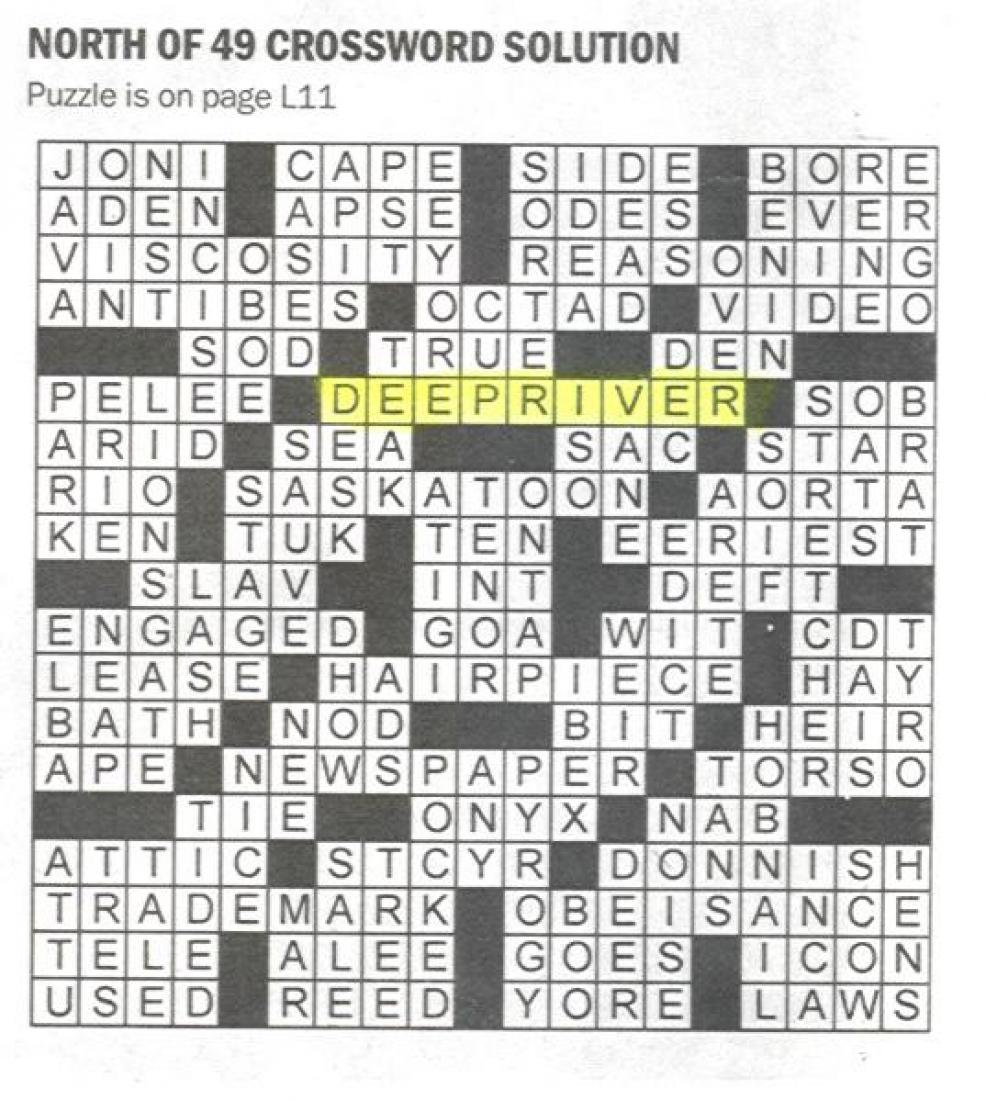 The answer, of course, is DEEP RIVER. This clue has been used at least seven times since 2005. The puzzle is published on Saturdays in newspapers across Canada.