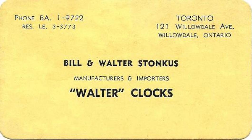 Bill and Walter Stonkus business card, Willowdale factory 1950s