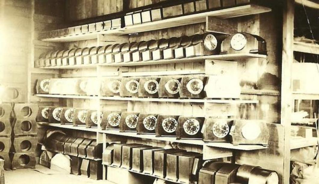 prewar mantel clocks on shelves in the Winona Drive factory in Toronto (mid/late 1930s)