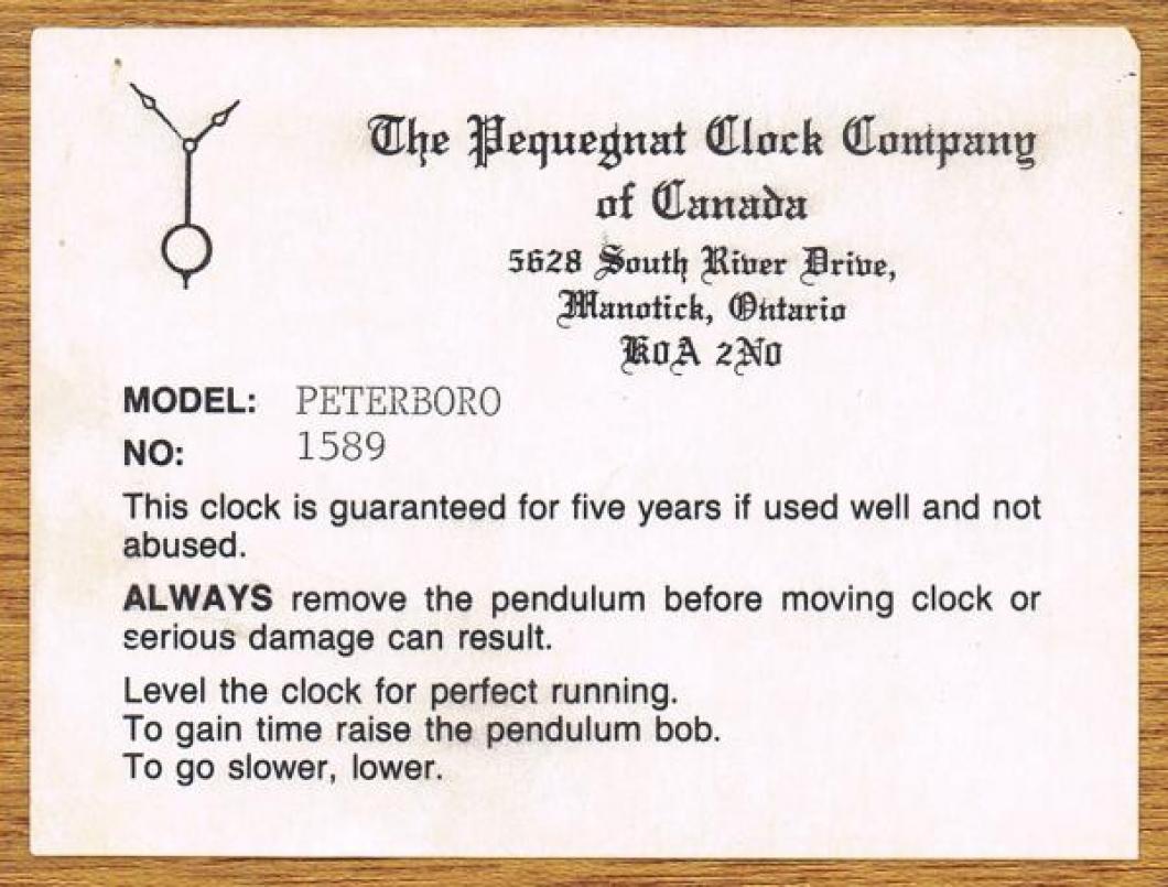 Label on Paul Pequegnat's PETERBORO model mantel clock.