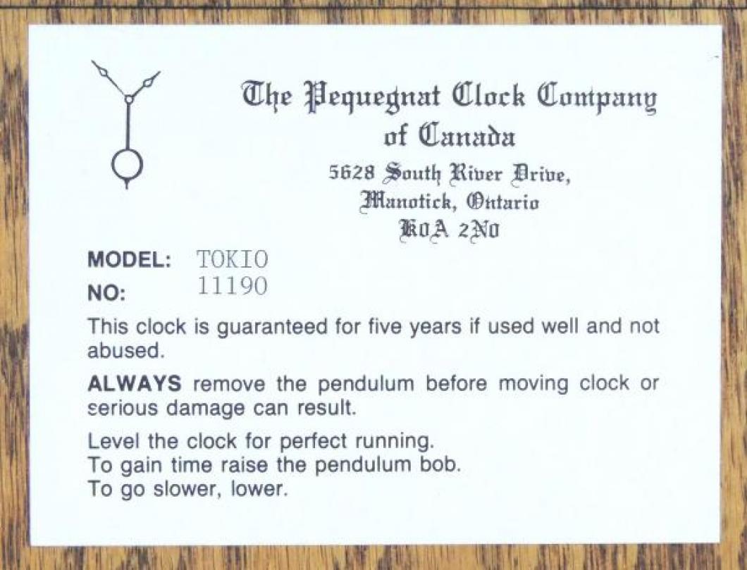 Label on Paul Pequegnat's TOKIO model mantel clock.