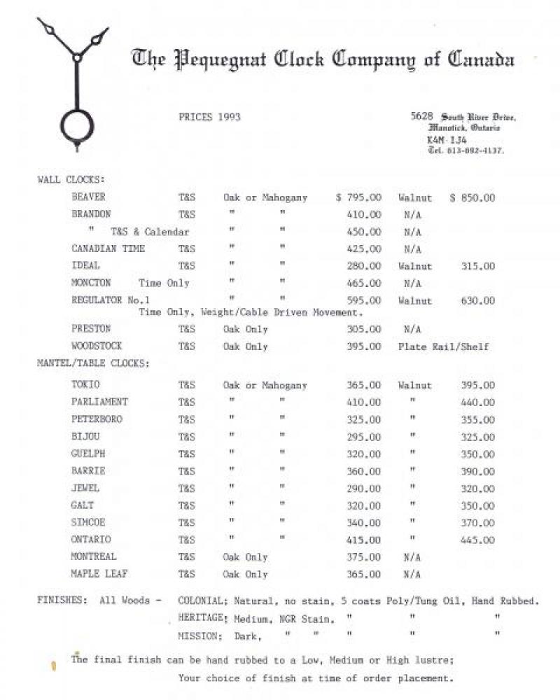 Paul Pequegnat's 1993 Price List with clock model descriptions.