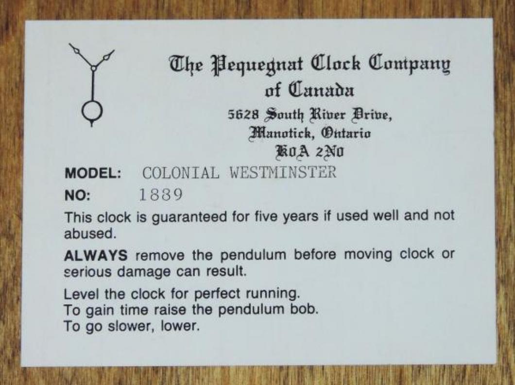 Label on Paul Pequegnat's COLONIAL WESTMINSTER wall clock