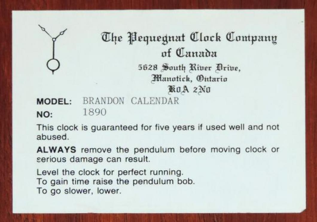 Label on Paul Pequegnat's BRANDON wall clock