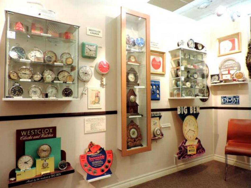 Seven decades (1920s-1980s) of Big Ben and Baby Ben windup alarm clocks made in the Peterborough, Ontario factory.