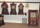 Canada Clock Company Hamilton 1880-1884 three mantel clocks on shelf, Dominion model at left, OG apart on floor
