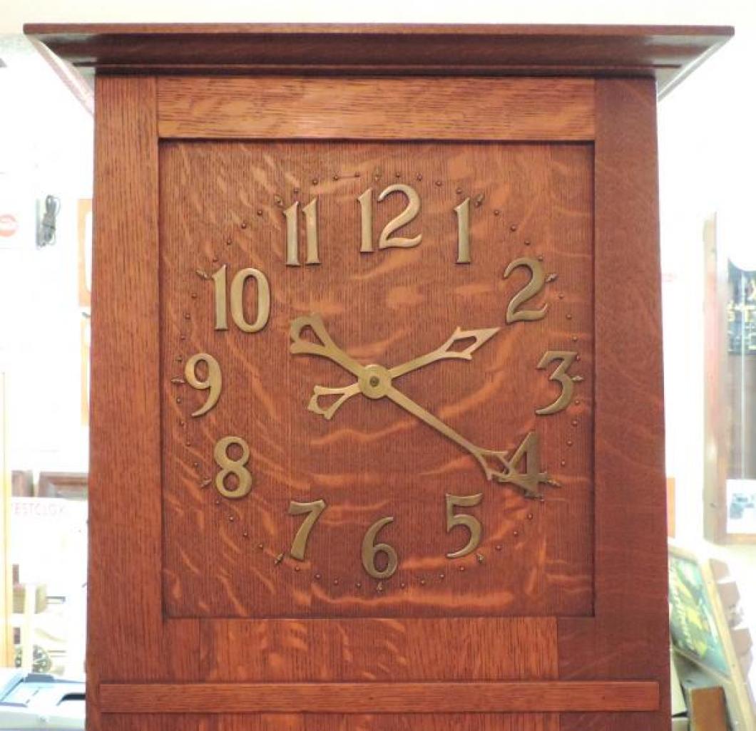 DIAL closeup VANCOUVER model hall clock, oak case