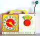 Fisher Price 1960s toy clock radio, windup music box, hands turn