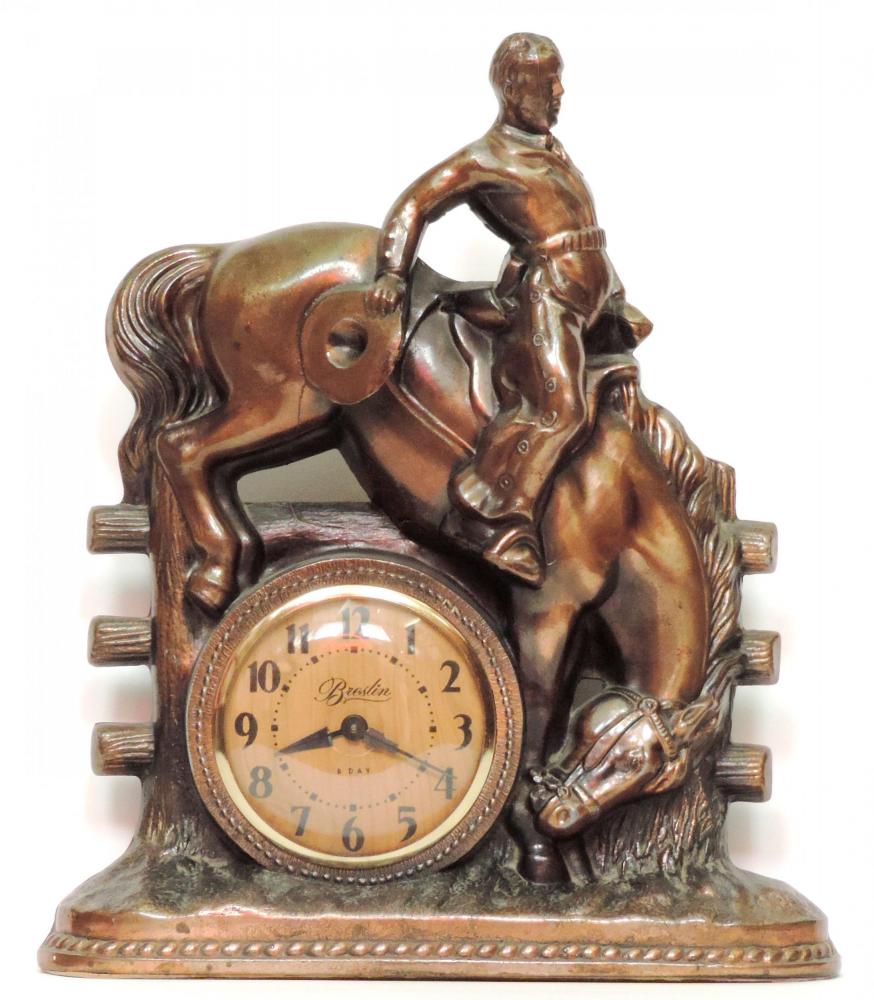 FRONT of large metal cowboy-on-horse Breslin windup clock