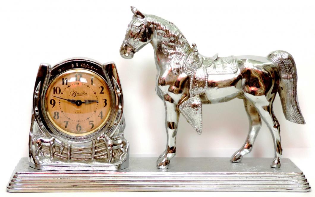 Breslin LARGER chrome-plated metal horse with windup clock in horseshoe on metal base